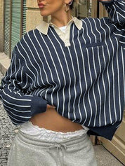 Striped Polo Neck Loose Oversized Long Sleeve