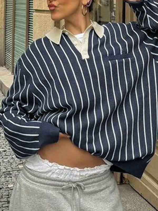 Striped Polo Neck Loose Oversized Long Sleeve