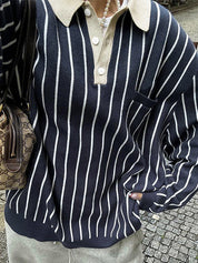 Striped Polo Neck Loose Oversized Long Sleeve