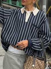 Striped Polo Neck Loose Oversized Long Sleeve