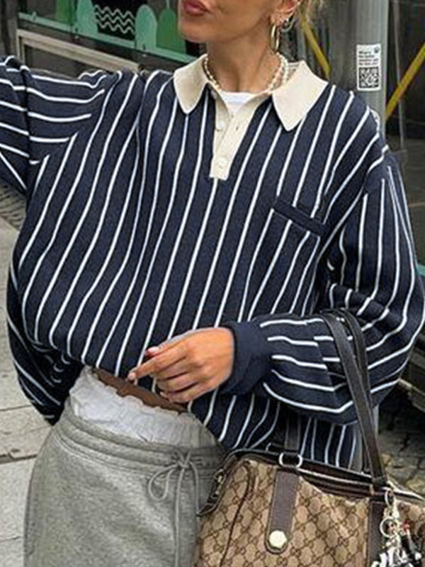 Striped Polo Neck Loose Oversized Long Sleeve