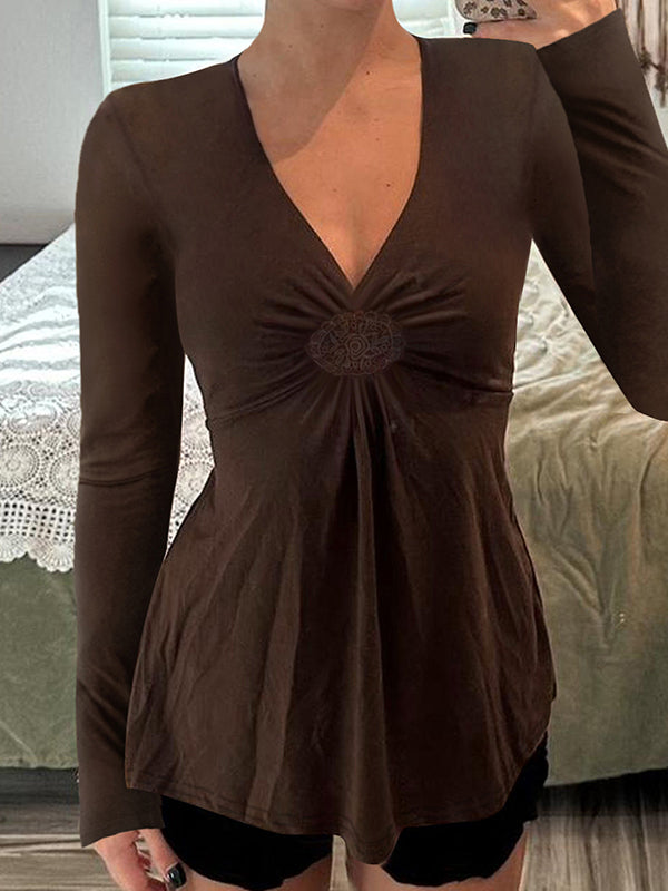 Retro Pleated V-Neck Long Sleeve