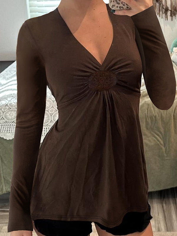 Retro Pleated V-Neck Long Sleeve