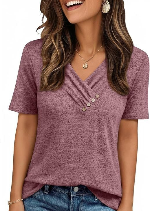 V-neck Pleated Solid Color Button Top
