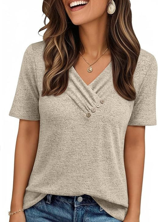V-neck Pleated Solid Color Button Top