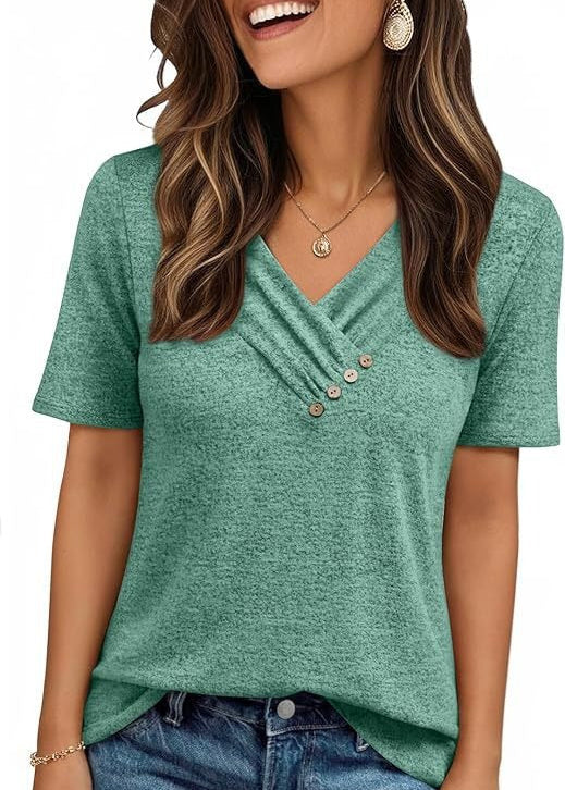 V-neck Pleated Solid Color Button Top