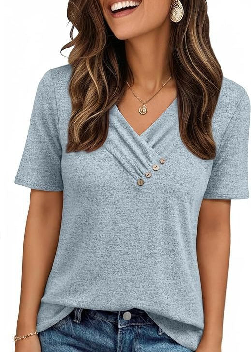 V-neck Pleated Solid Color Button Top