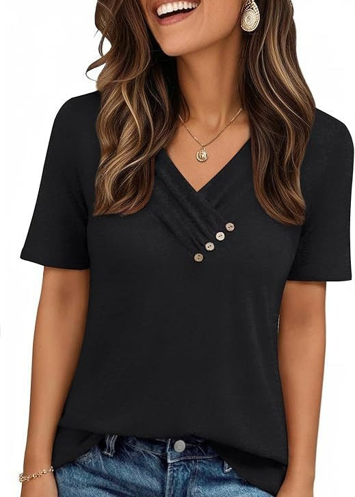V-neck Pleated Solid Color Button Top
