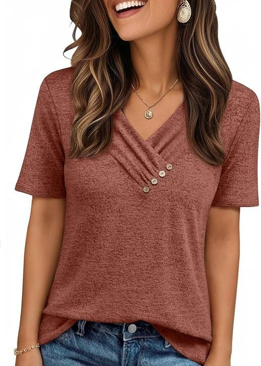 V-neck Pleated Solid Color Button Top
