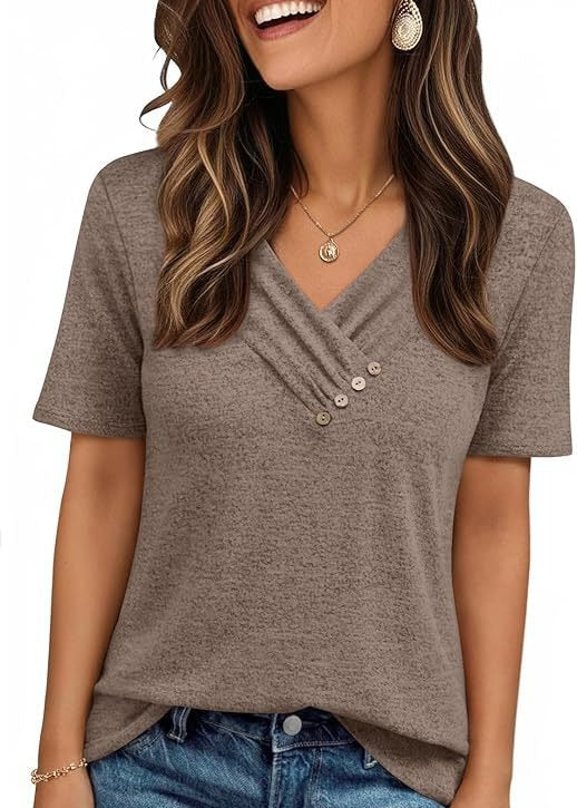 V-neck Pleated Solid Color Button Top