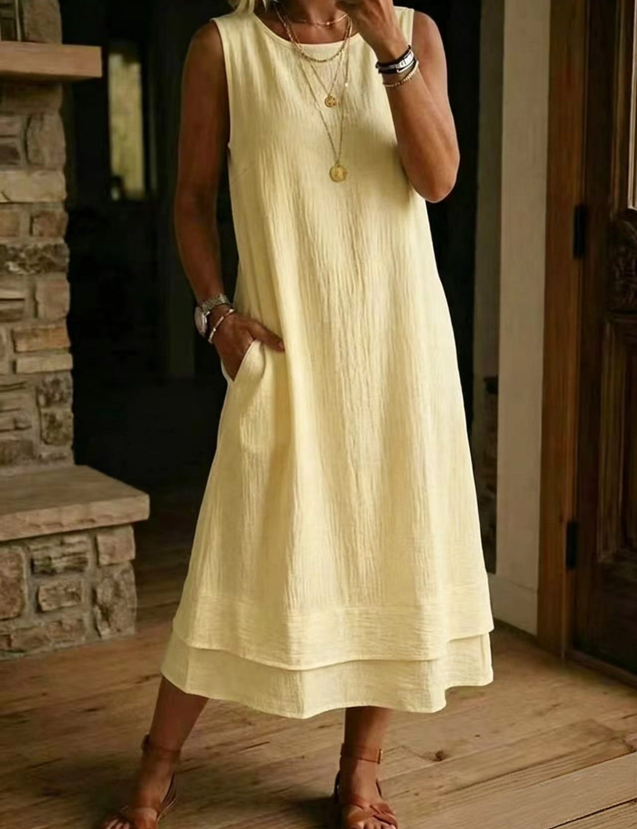 Women's Loose Fit Drapey Crewneck Dress with Pockets