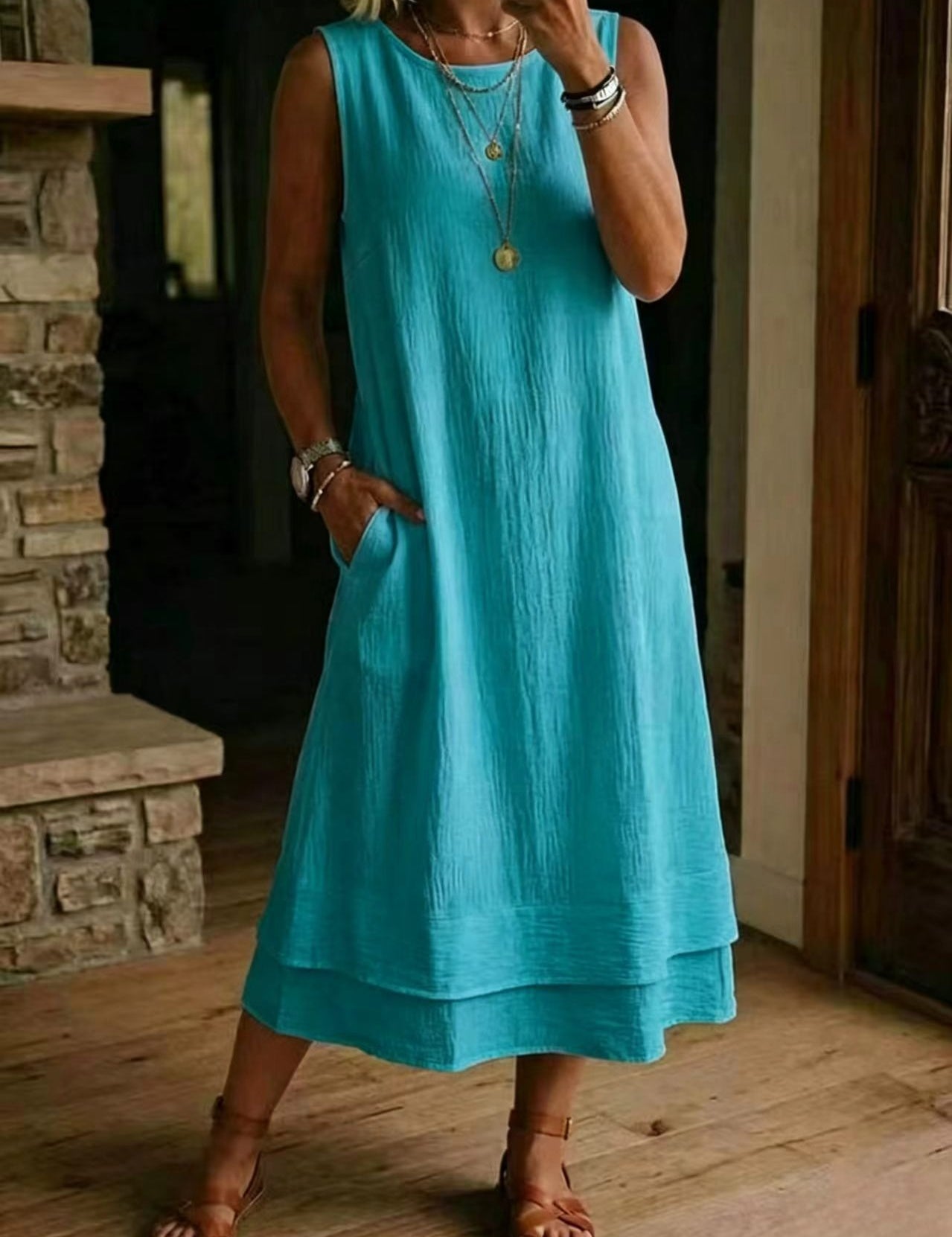 Women's Loose Fit Drapey Crewneck Dress with Pockets