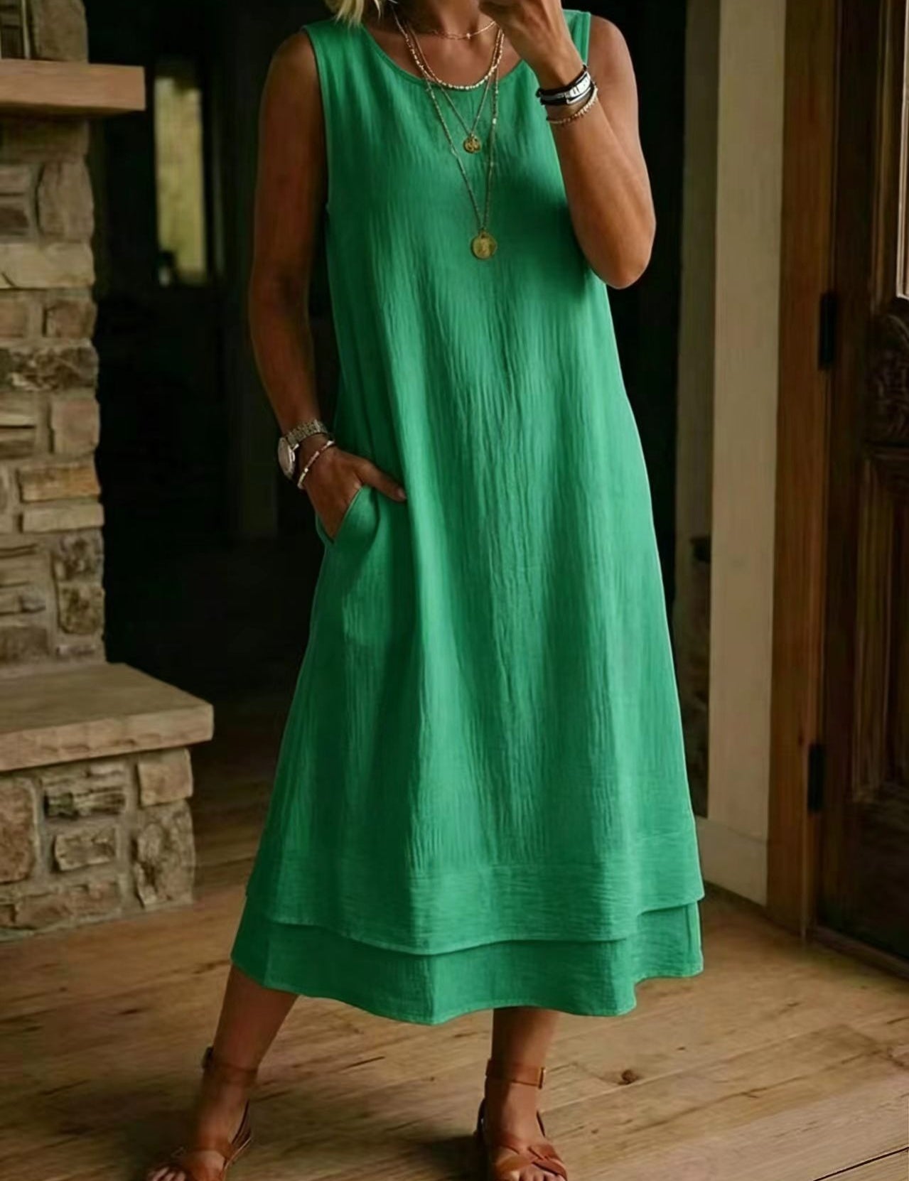 Women's Loose Fit Drapey Crewneck Dress with Pockets