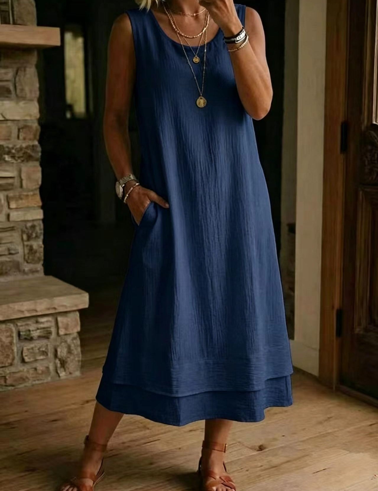 Women's Loose Fit Drapey Crewneck Dress with Pockets