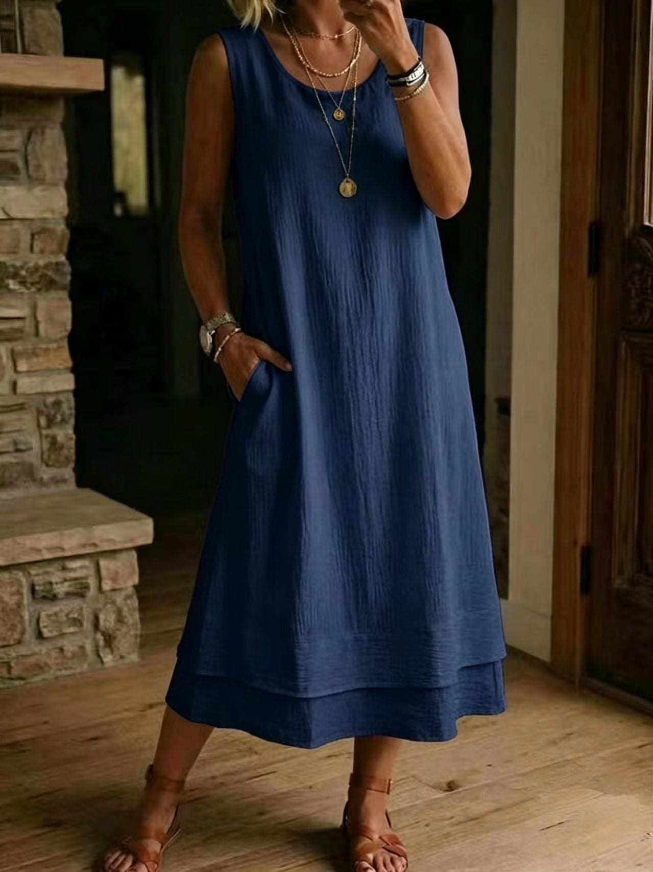 Women's Loose Fit Drapey Crewneck Dress with Pockets