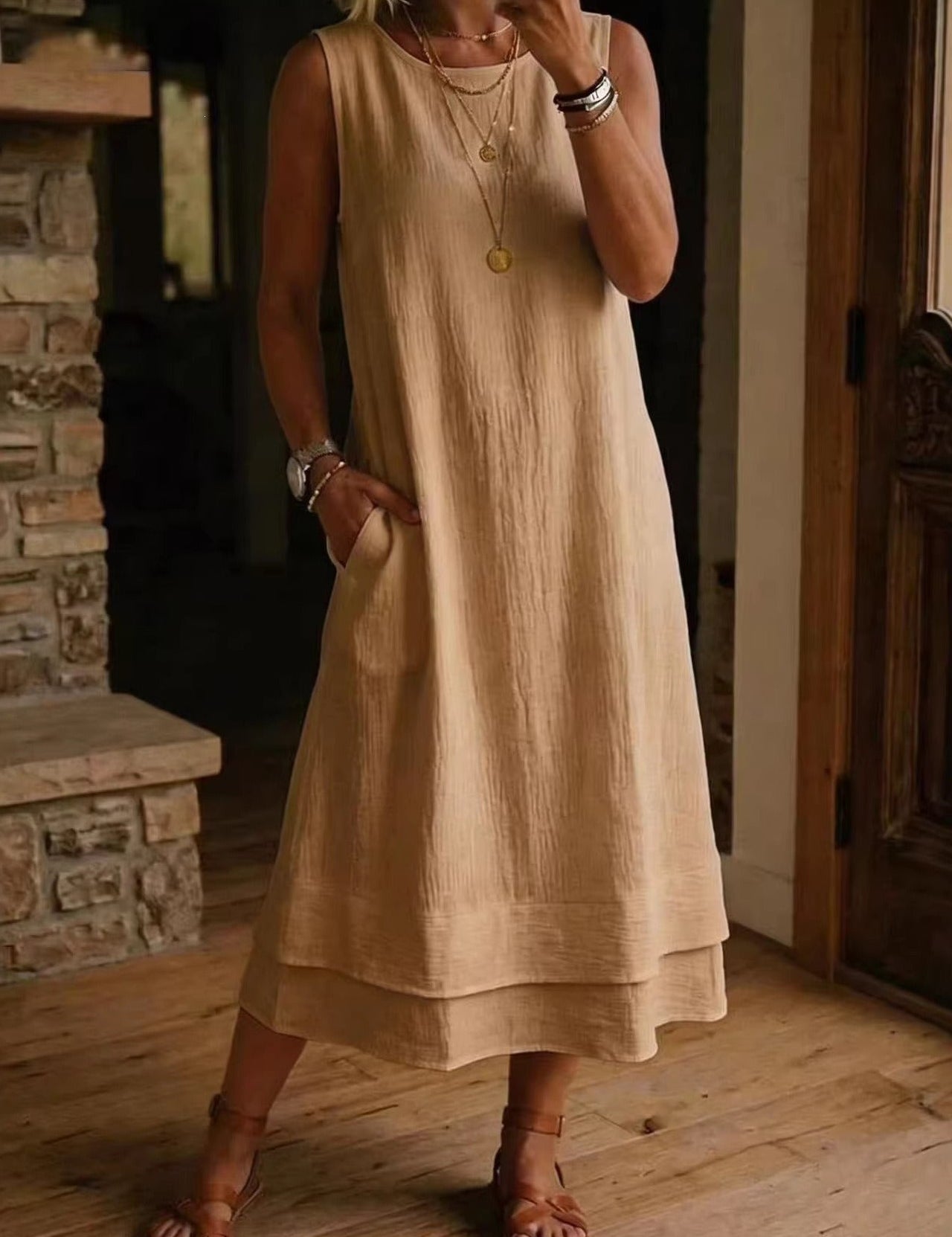 Women's Loose Fit Drapey Crewneck Dress with Pockets
