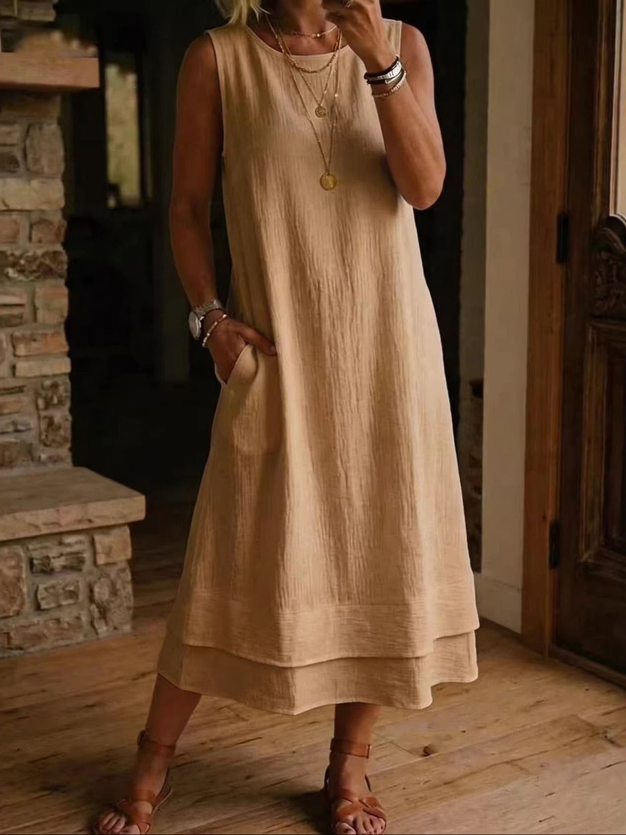 Women's Loose Fit Drapey Crewneck Dress with Pockets
