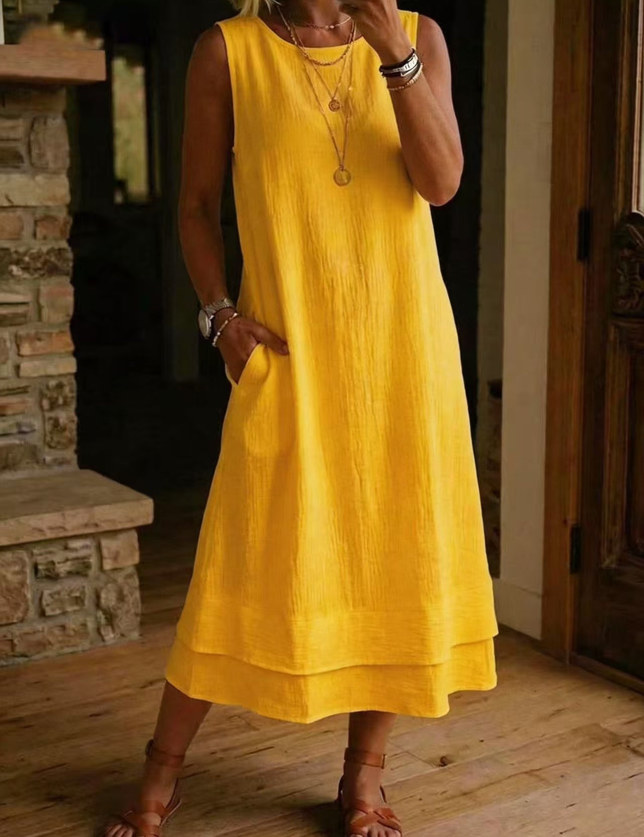 Women's Loose Fit Drapey Crewneck Dress with Pockets