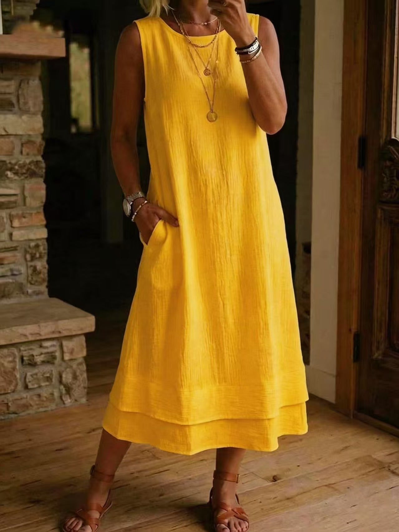 Women's Loose Fit Drapey Crewneck Dress with Pockets