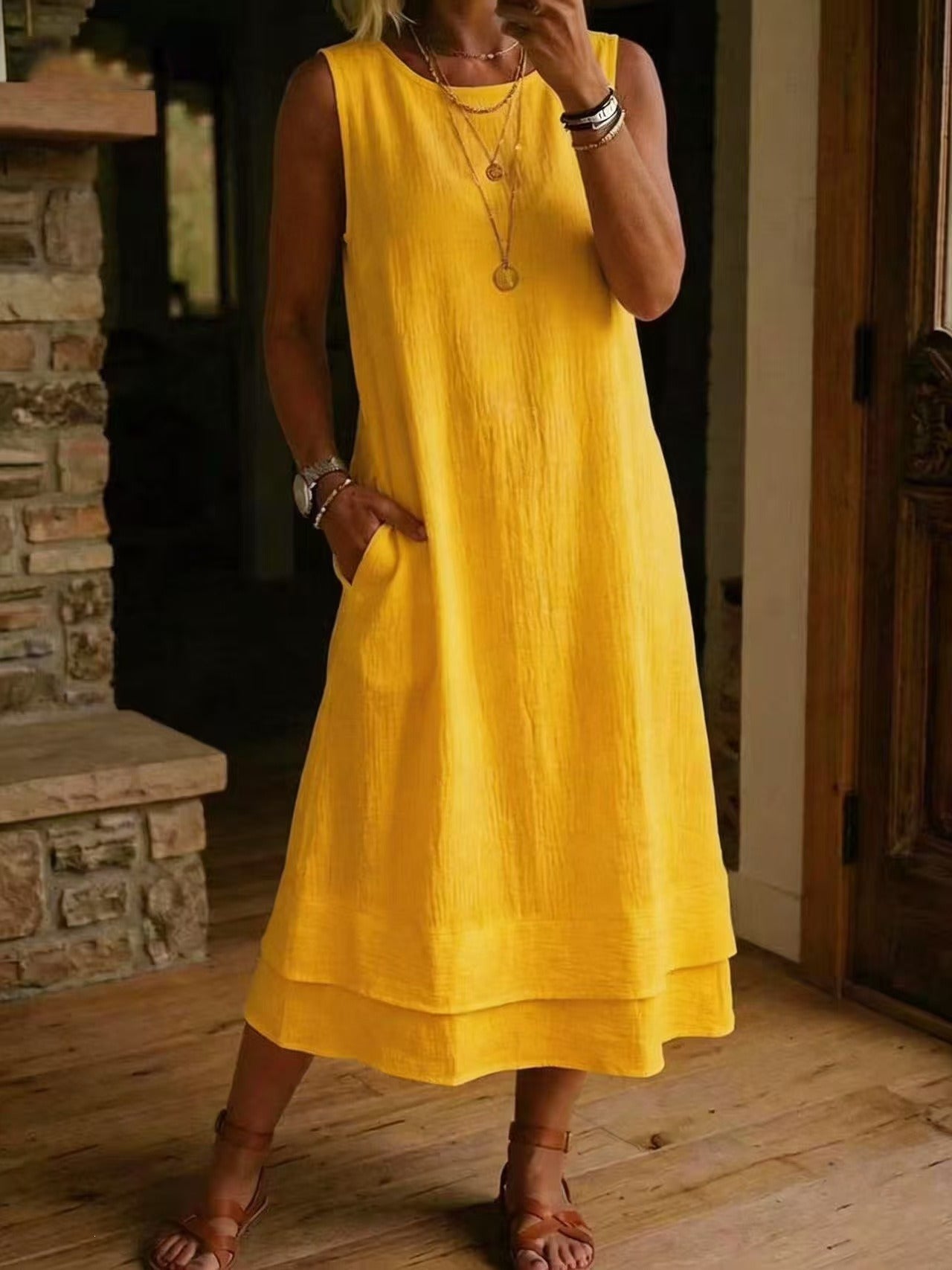 Women's Loose Fit Drapey Crewneck Dress with Pockets