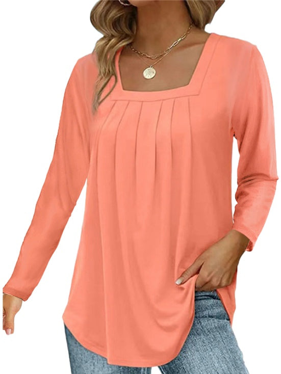 Pleated Square Neck Long Sleeve Tops