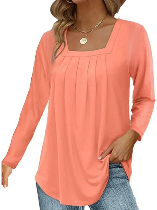 Pleated Square Neck Long Sleeve Tops