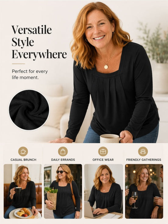 Pleated Square Neck Long Sleeve Tops