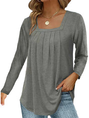 Pleated Square Neck Long Sleeve Tops