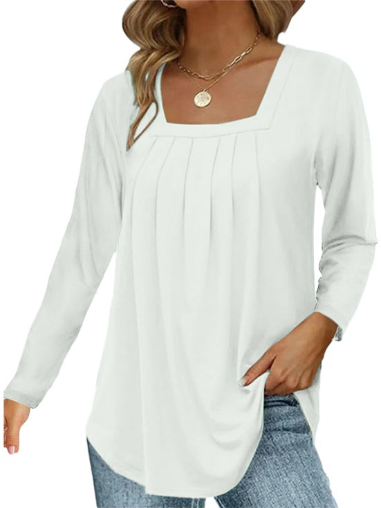Pleated Square Neck Long Sleeve Tops