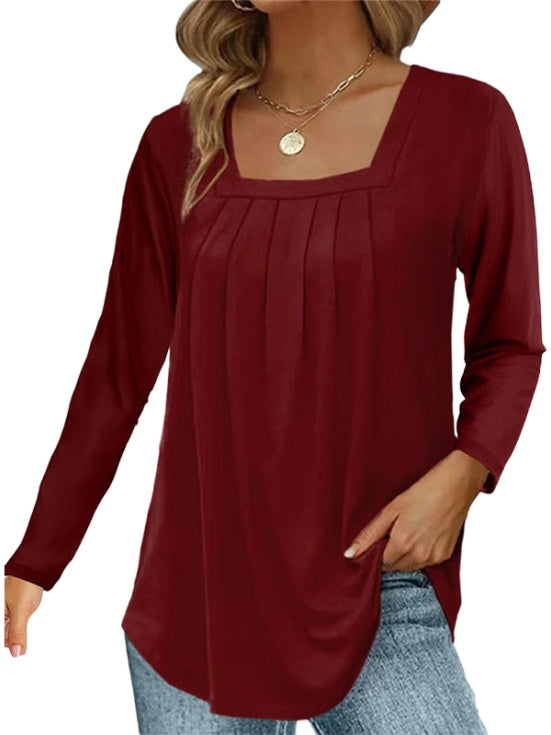 Pleated Square Neck Long Sleeve Tops