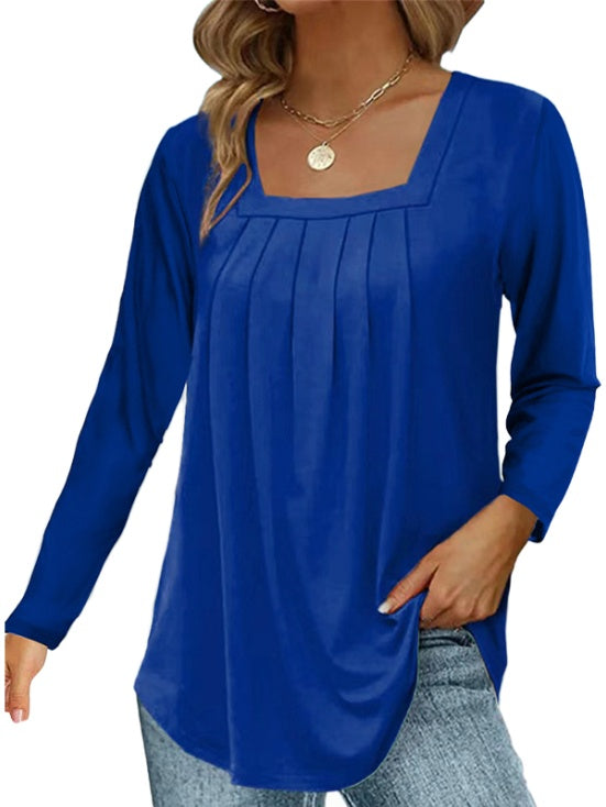Pleated Square Neck Long Sleeve Tops