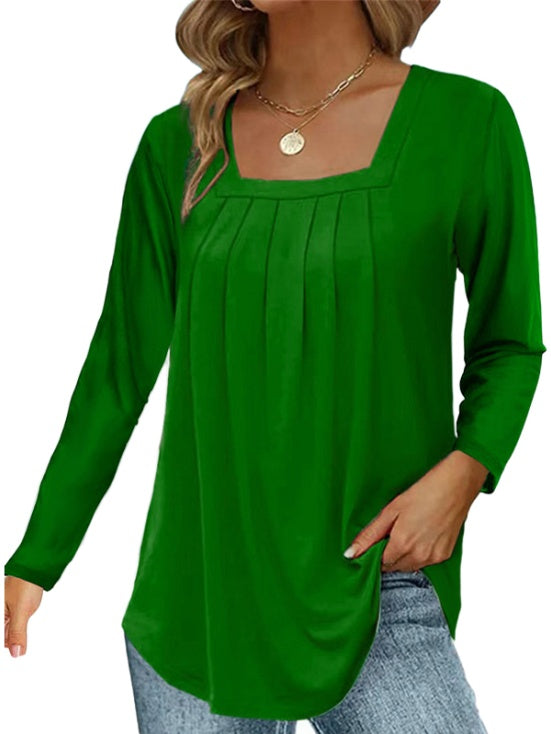 Pleated Square Neck Long Sleeve Tops