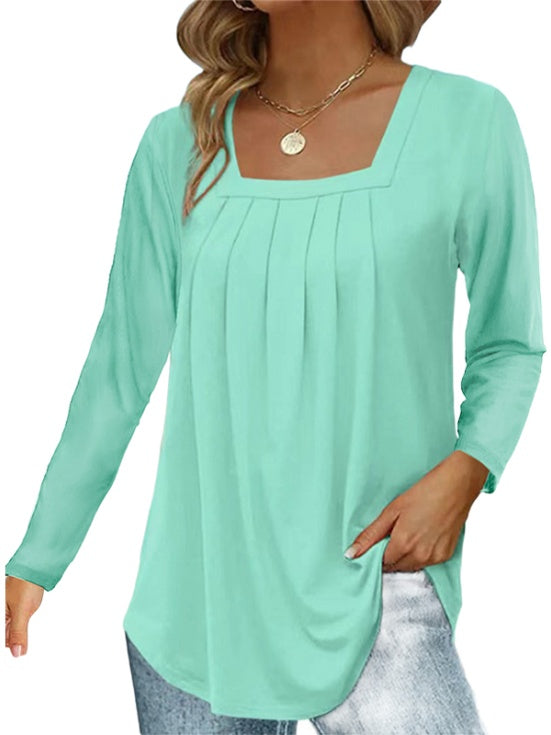 Pleated Square Neck Long Sleeve Tops