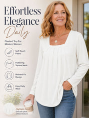 Pleated Square Neck Long Sleeve Tops