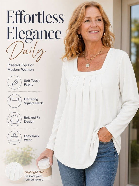 Pleated Square Neck Long Sleeve Tops