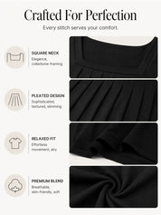 Pleated Square Neck Long Sleeve Tops