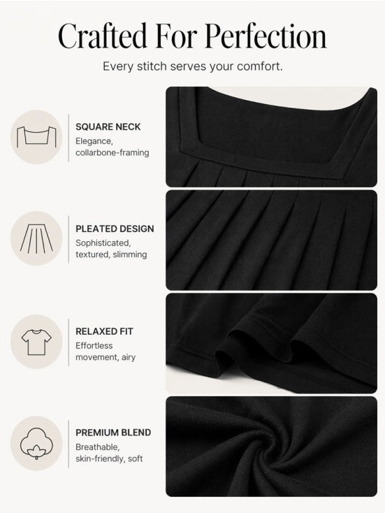 Pleated Square Neck Long Sleeve Tops