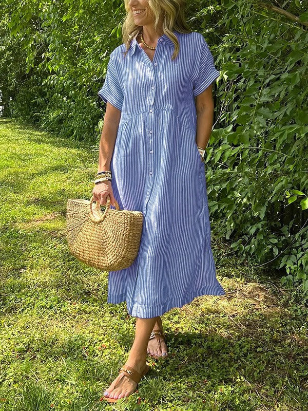 Striped Cotton Button-Front Midi Shirt Dress