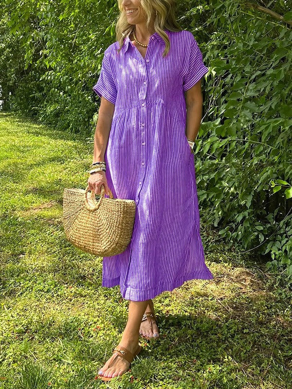 Striped Cotton Button-Front Midi Shirt Dress