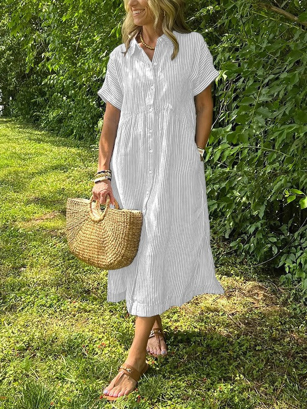 Striped Cotton Button-Front Midi Shirt Dress