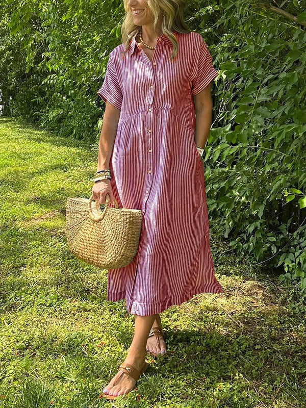 Striped Cotton Button-Front Midi Shirt Dress