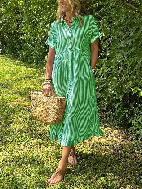 Striped Cotton Button-Front Midi Shirt Dress