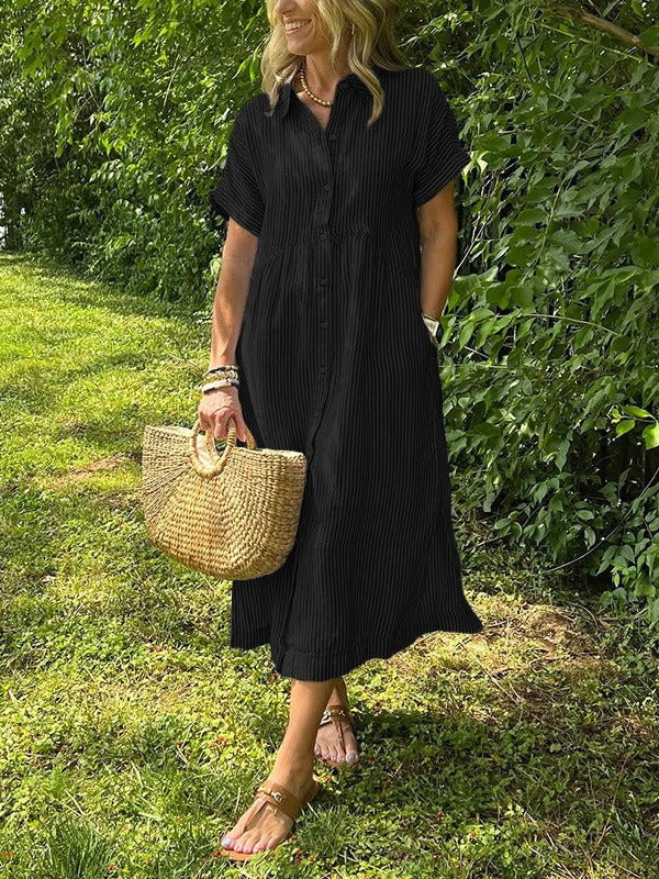 Striped Cotton Button-Front Midi Shirt Dress