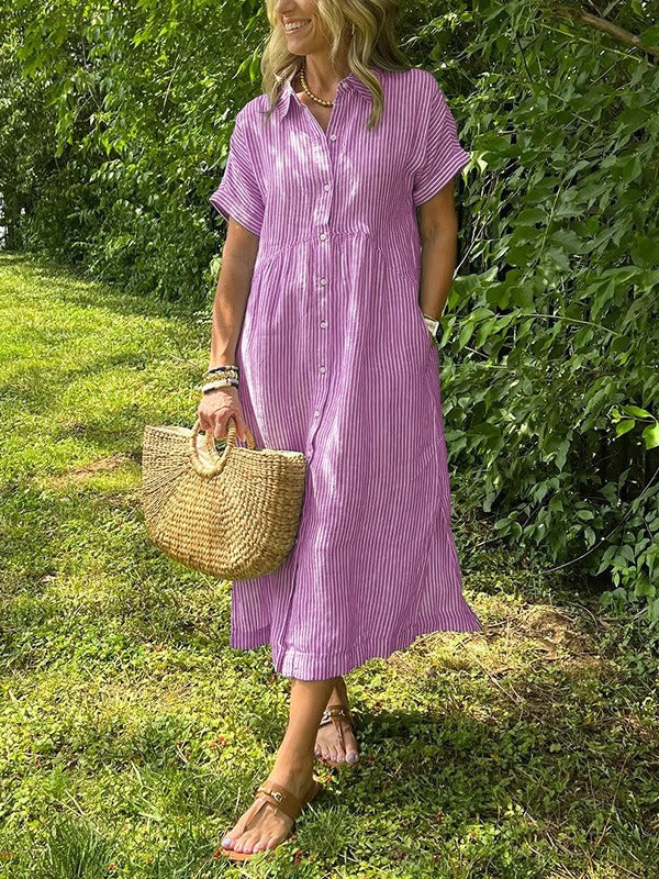 Striped Cotton Button-Front Midi Shirt Dress