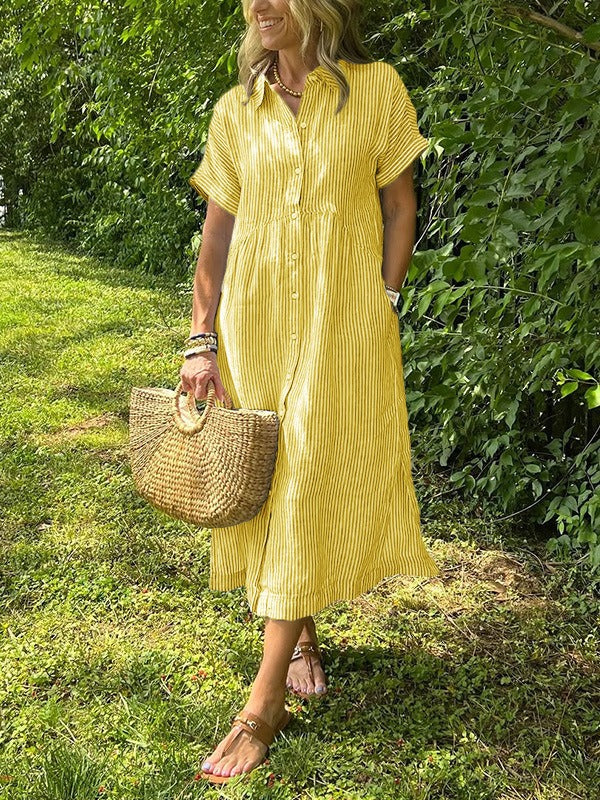 Striped Cotton Button-Front Midi Shirt Dress