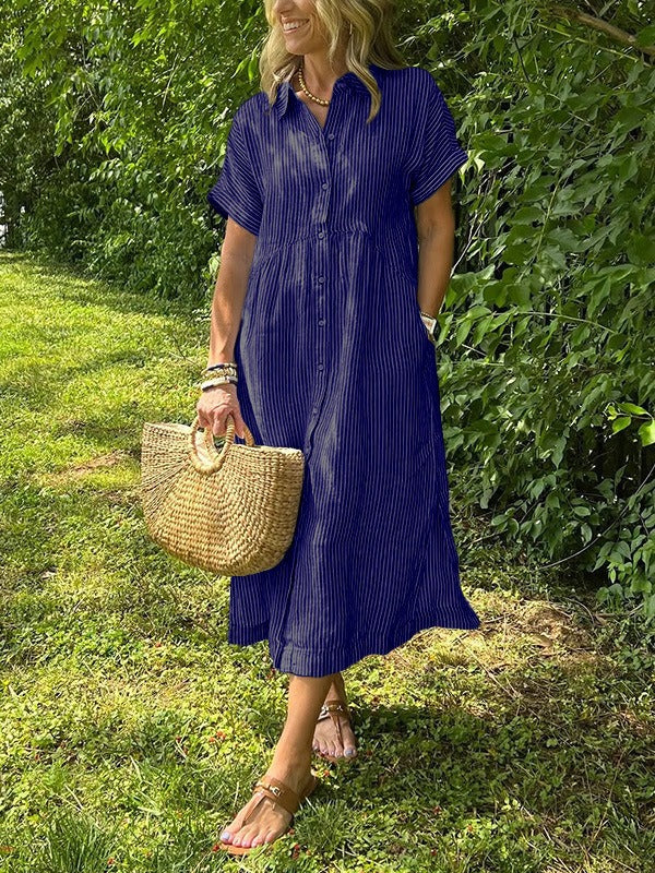 Striped Cotton Button-Front Midi Shirt Dress