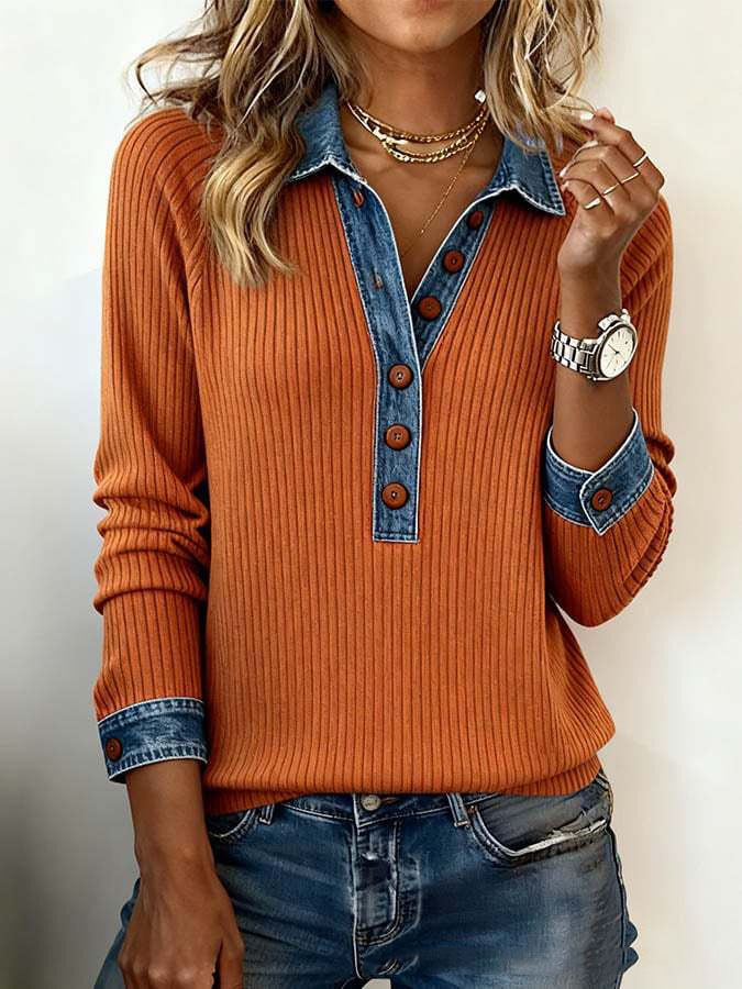 Women's Patchwork Collar Buttons Front Denim Tops