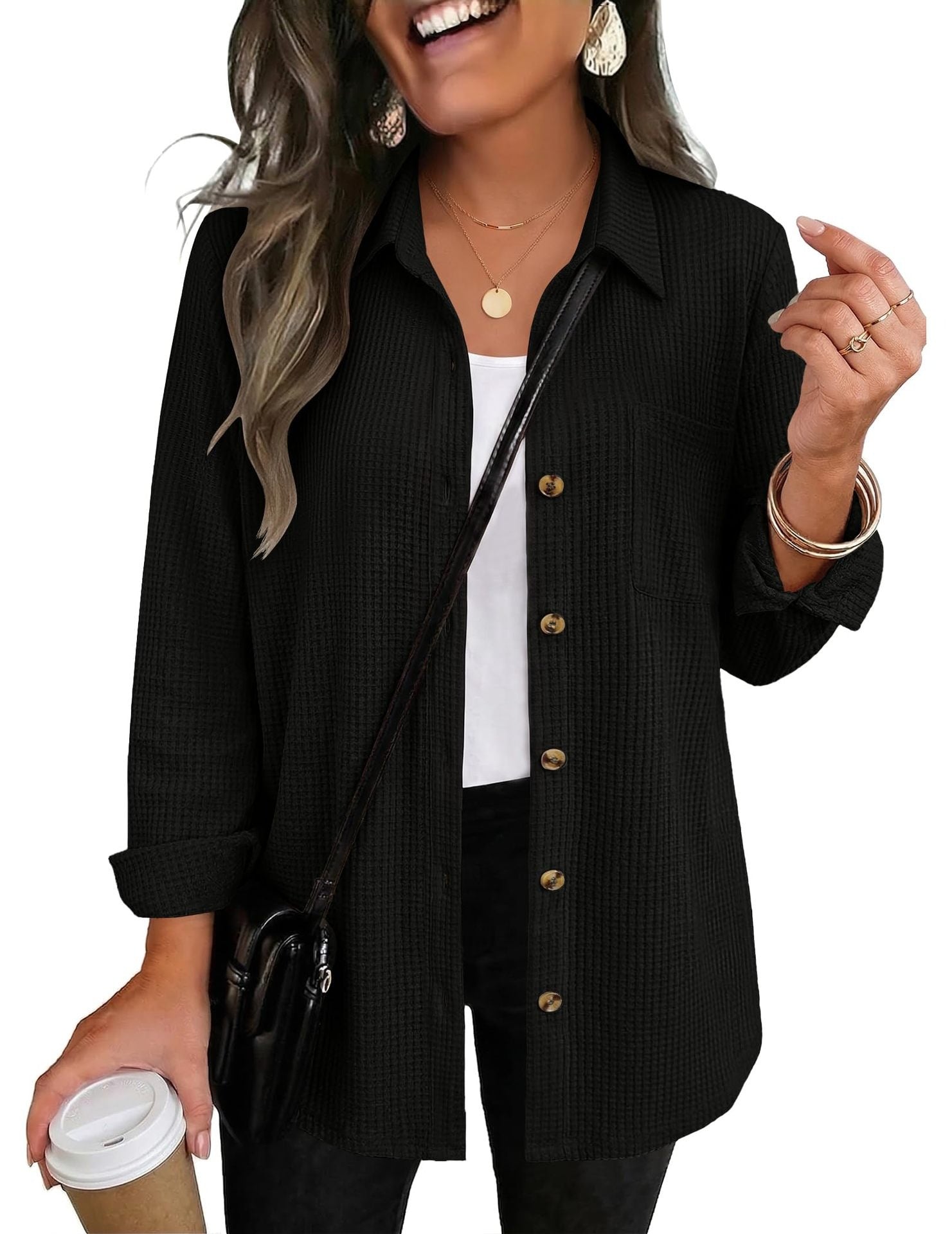 Waffle Knit Shacket Button Down Long Sleeve with Pocket