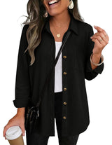 Waffle Knit Shacket Button Down Long Sleeve with Pocket
