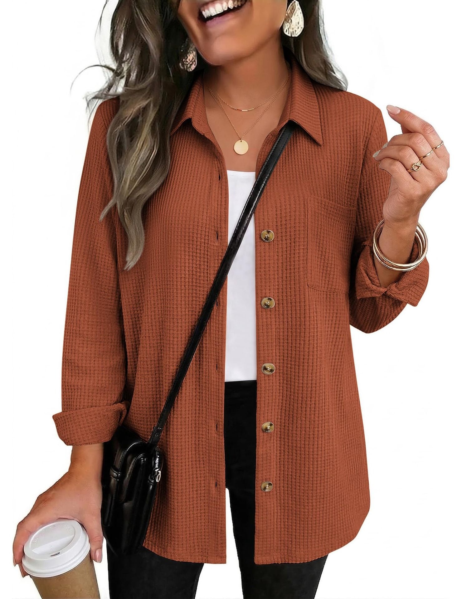 Waffle Knit Shacket Button Down Long Sleeve with Pocket